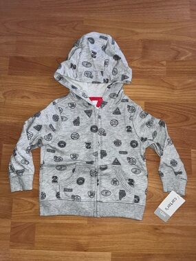 Carter's Light Gray Hooded Zip-Up Sweatshirt with Graphic Emblems